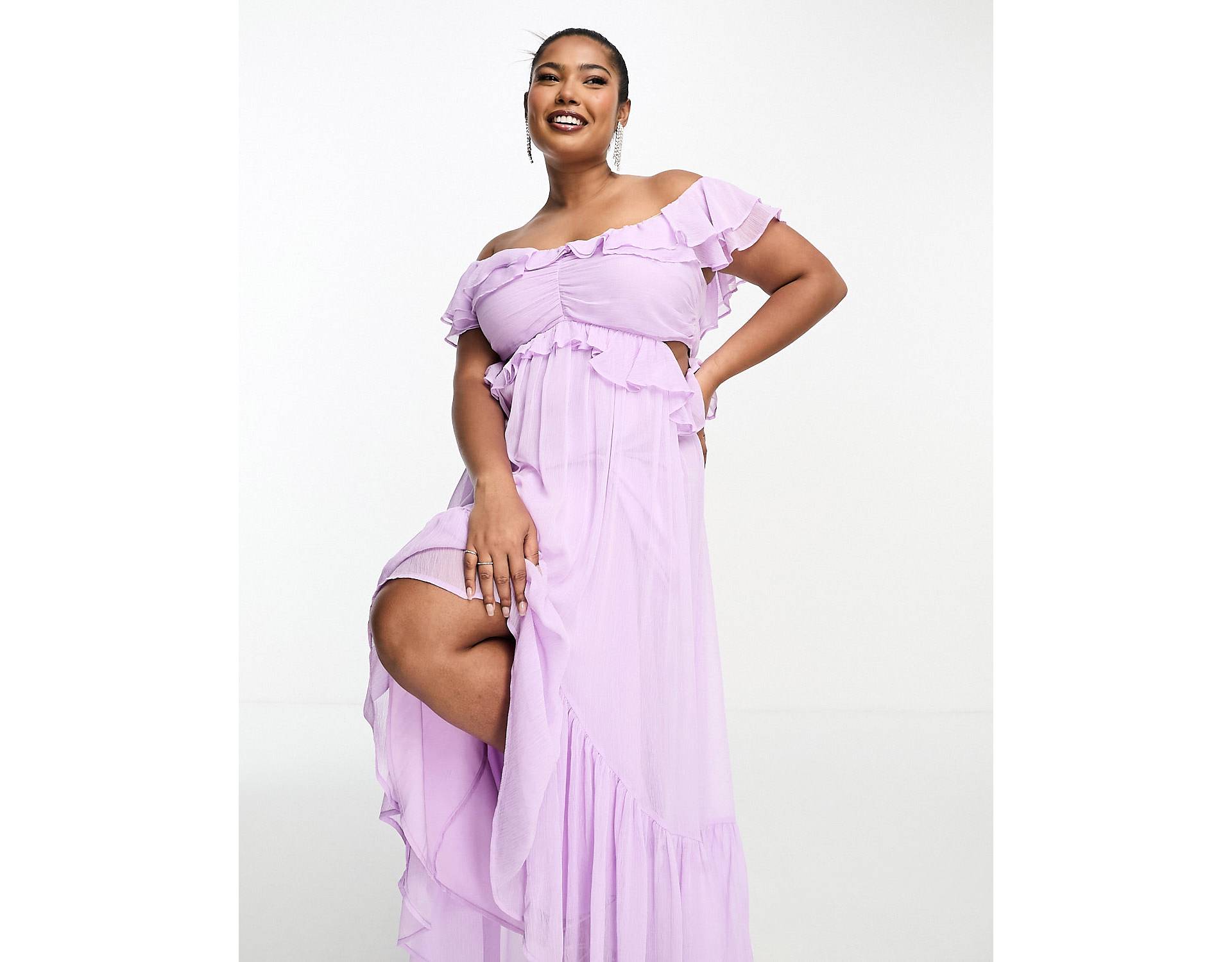 

Лиловое платье макси с оборками и открытыми плечами ASOS DESIGN Curve Curve ASOS Curve, Розовый