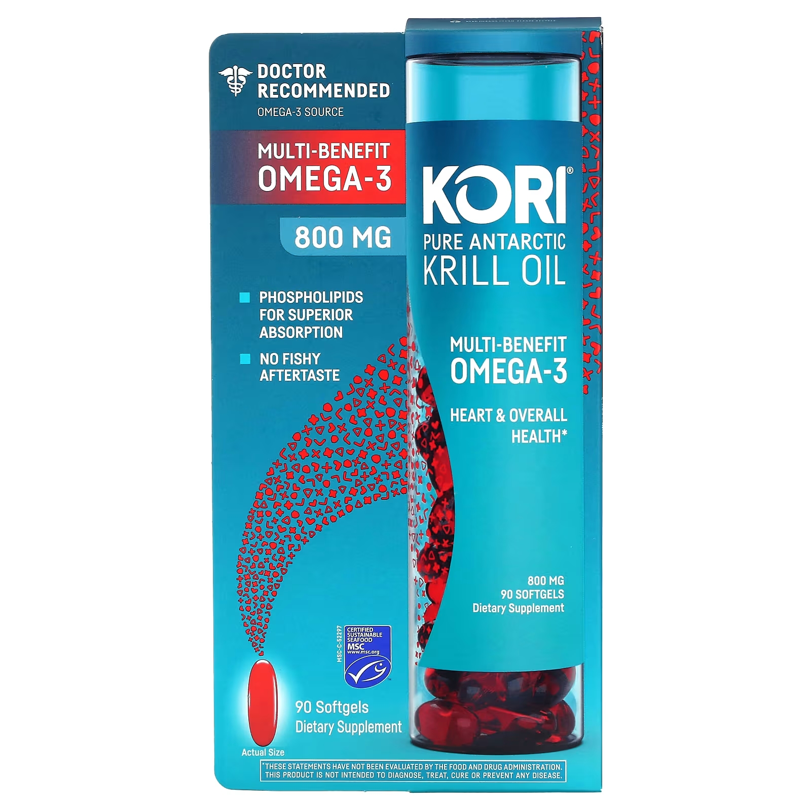 Kori Pure Масло антарктического криля с многофункциональными преимуществами Омега-3, 800 мг, 90 мягких таблеток