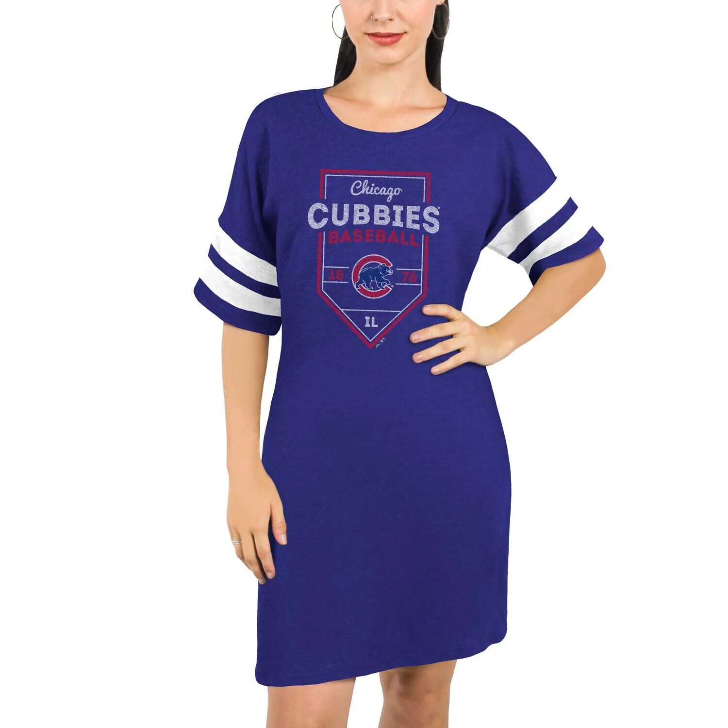 

Женское платье-футболка из трехцветной ткани с короткими рукавами Chicago Cubs Majestic Threads — королевский цвет Majestic