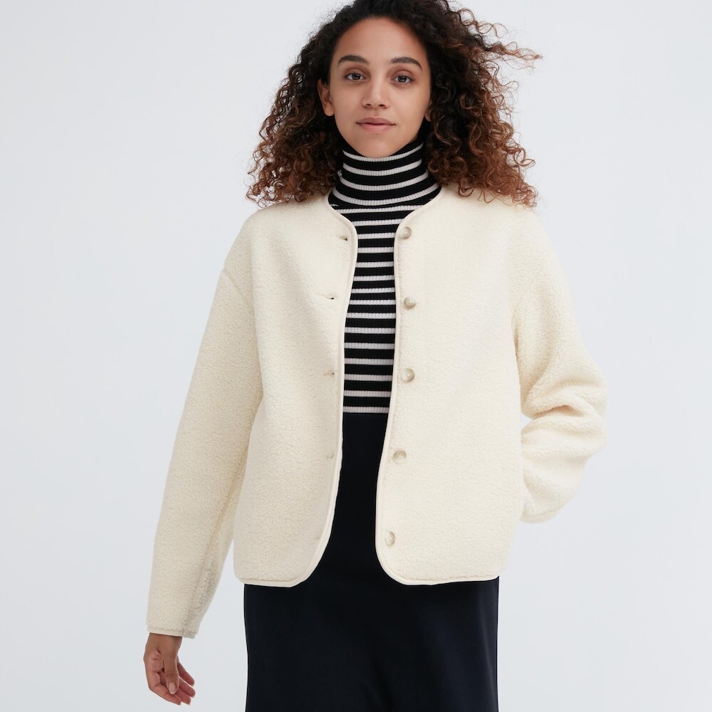 

Кардиган Uniqlo с круглым вырезом из искусственного шерпа с длинными рукавами, белый