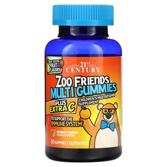 Жевательные конфеты 21st Century Zoo Friends фруктовые с витамином С, 60 шт 21st century мультивитамины в виде зверей zoo friends plus extra c 60 жевательных конфет