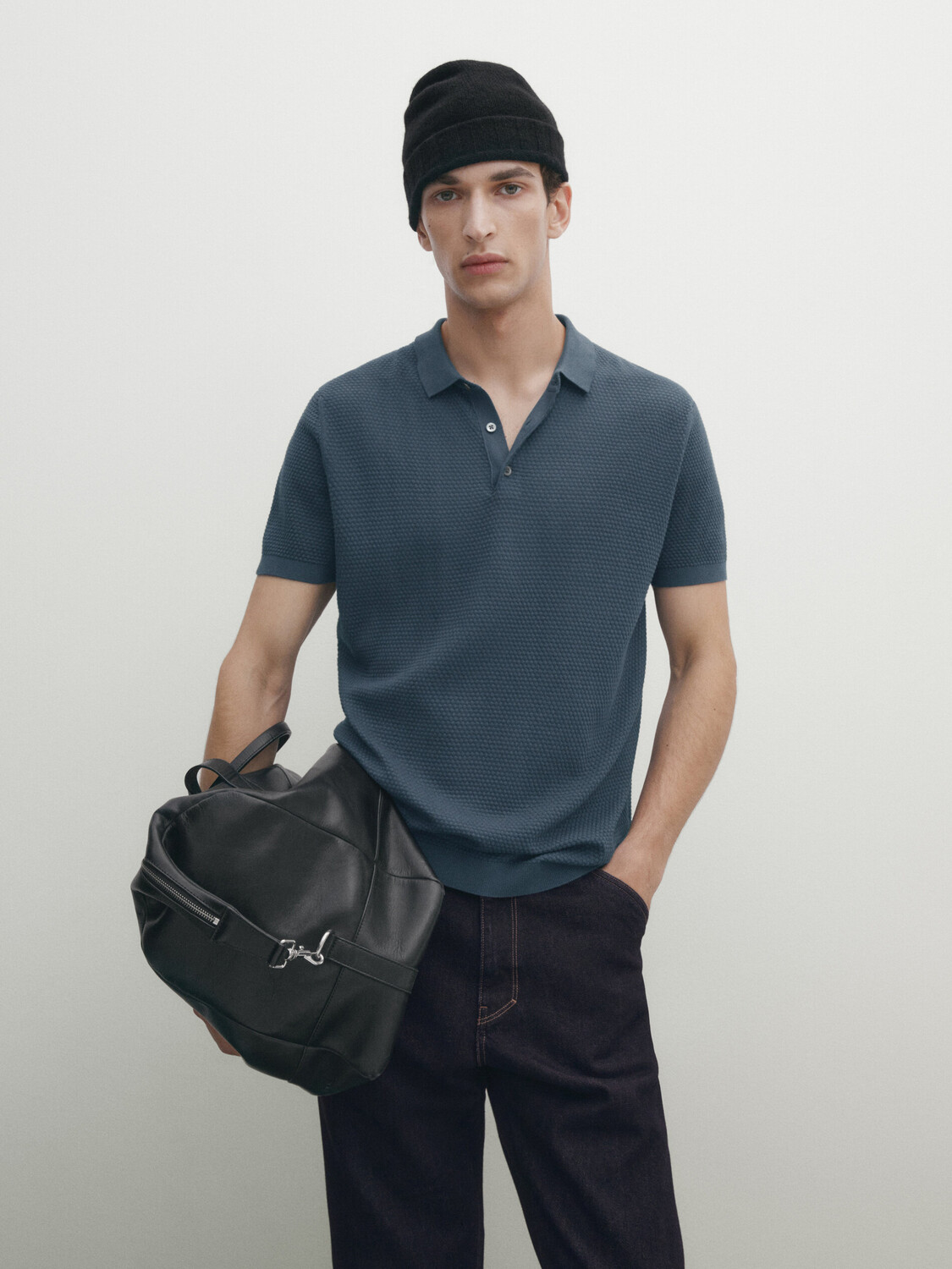 

Свитер поло с короткими рукавами Massimo Dutti, темно-синий