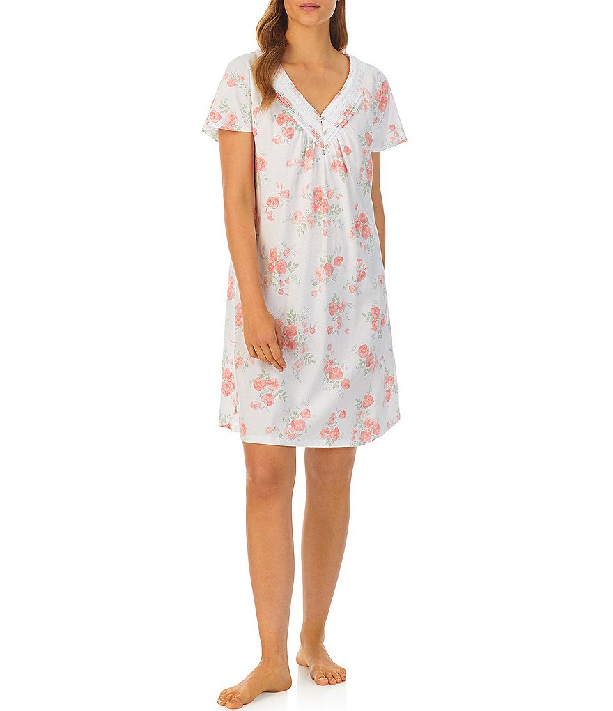 Хлопковая трикотажная короткая ночная рубашка Carole Hochman с короткими рукавами и V-образным вырезом с цветочным принтом, цветочный yndfcnb carole