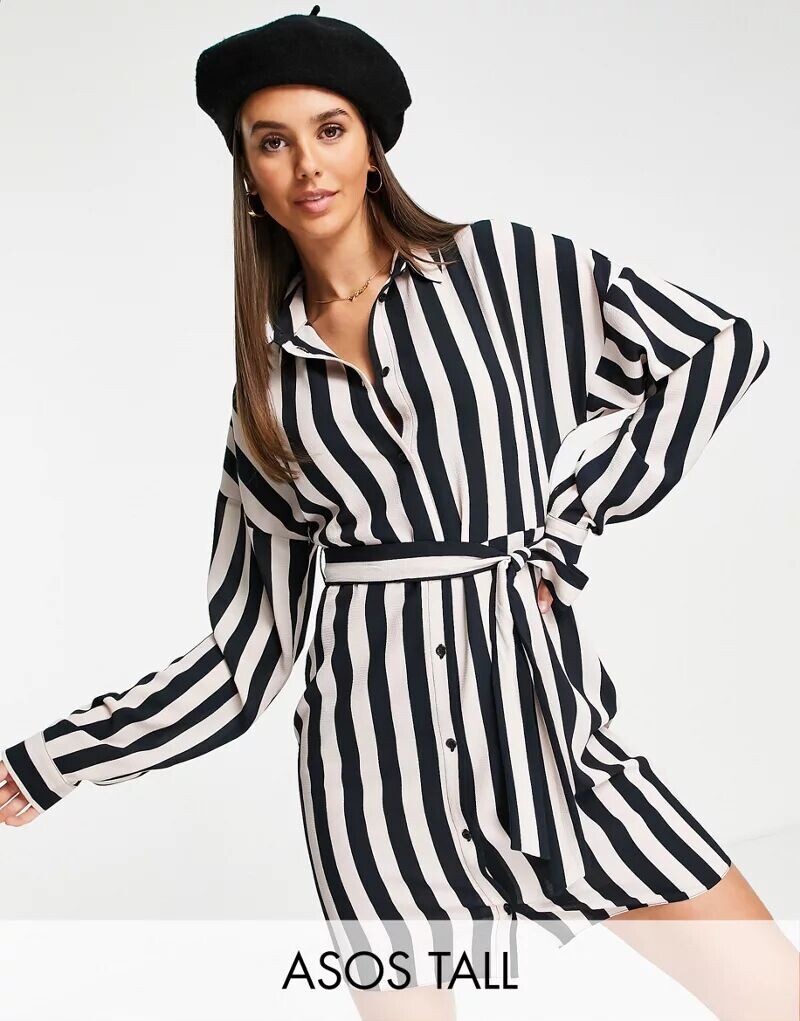 

Полосатое платье-рубашка на пуговицах с поясом ASOS DESIGN Tall