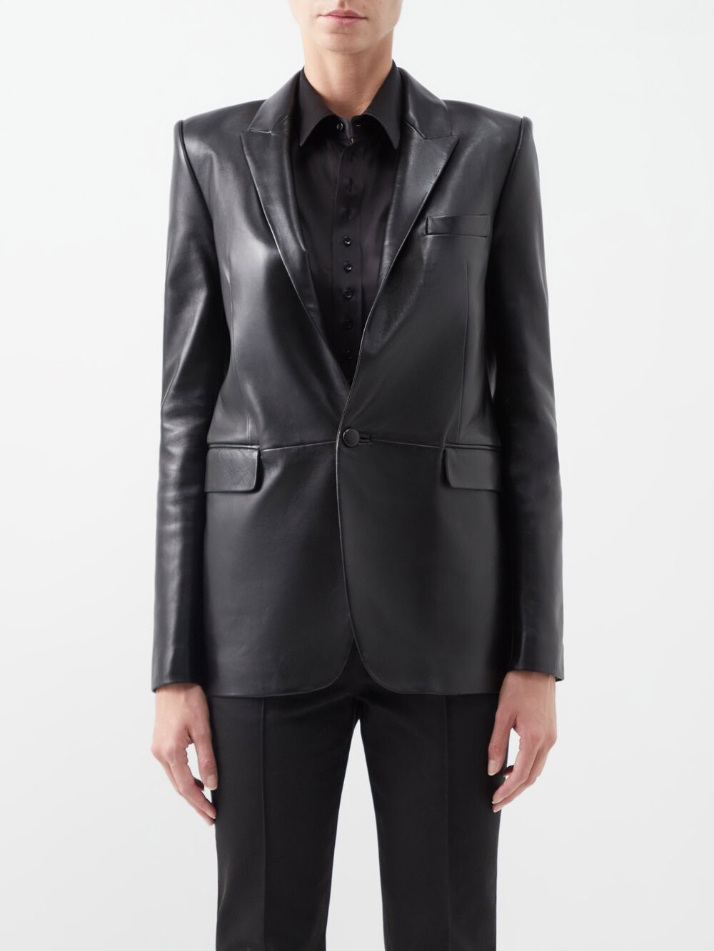 

Кожаный пиджак с завязками на плечах Saint Laurent, черный
