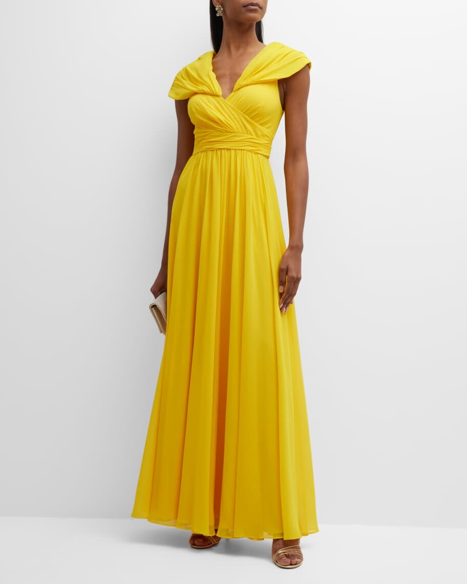 

Платье в стиле ампир с рюшами и V-образным вырезом Badgley Mischka Collection