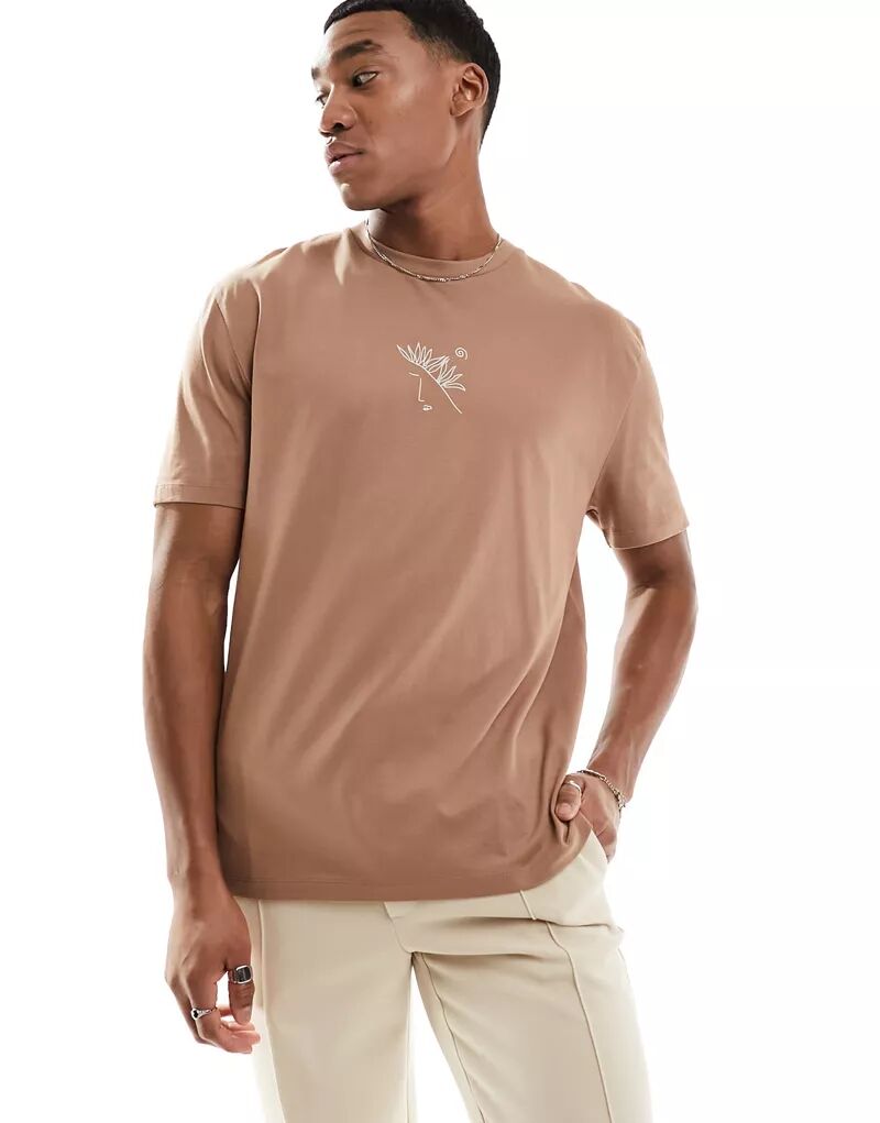 Светло-коричневая футболка свободного кроя с абстрактным принтом спереди ASOS