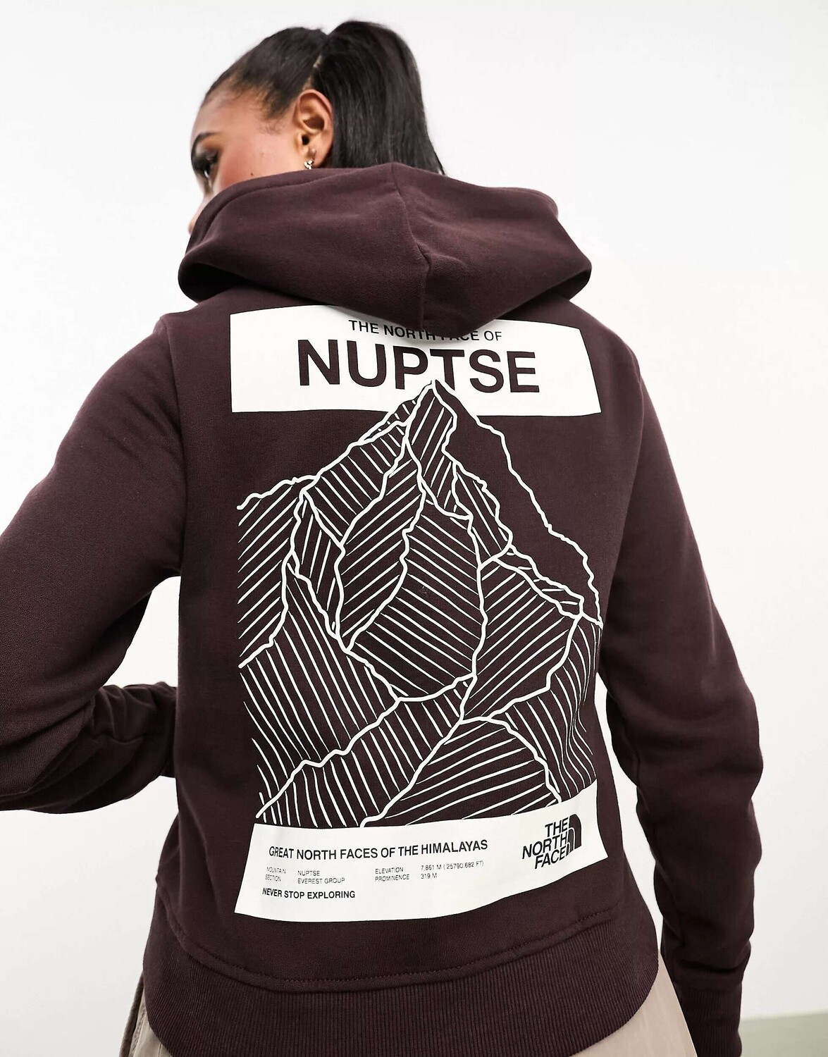 

Коричневое флисовое худи с укороченной спиной и принтом The North Face Nuptse, Коричневый