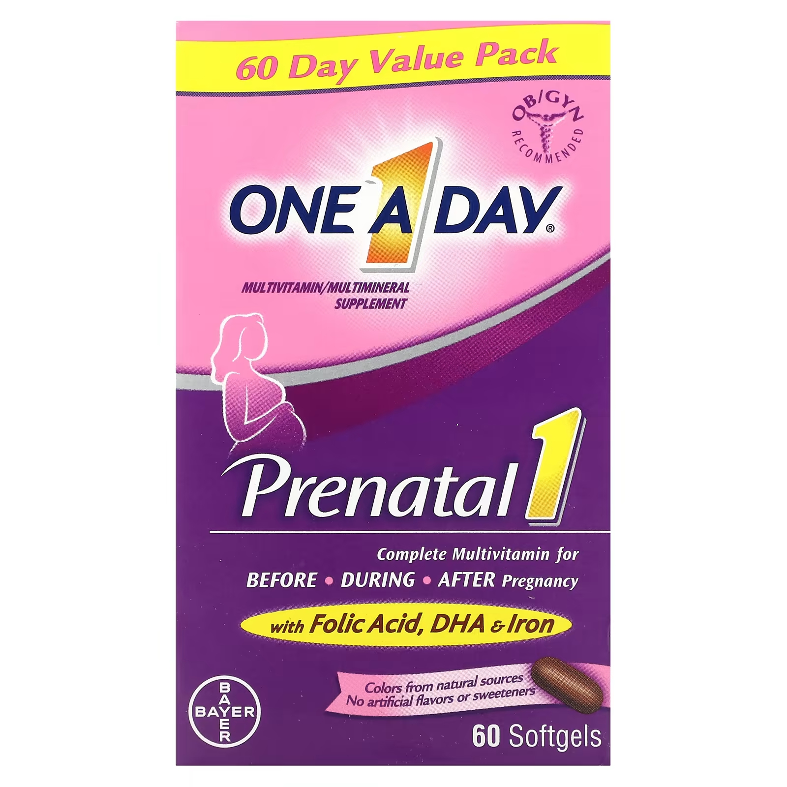 Мультиминеральная добавка One-A-Day Prenatal 1 с фолиевой кислотой, DHA и железом, 60 мягких таблеток