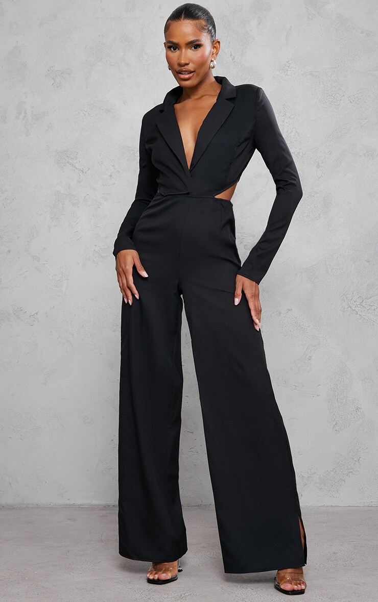 

PrettyLittleThing Черный тканый комбинезон с глубоким вырезом и расклешенными штанинами
