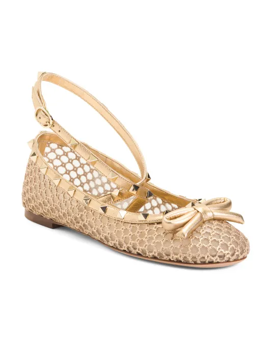 

Кожаные балетки Made In Italy с ремешком на щиколотке и украшением Valentino Garavani, цвет Star Gold