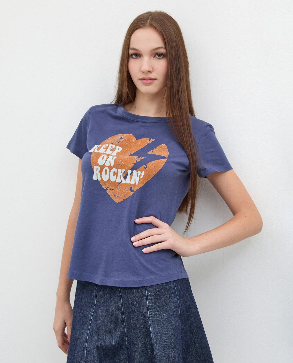 

Футболка из чистого хлопка с женским принтом NICE&CHIC, темно-синий