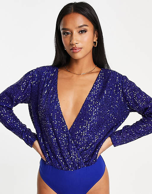 

Голубое боди с пайетками ASOS DESIGN Petite