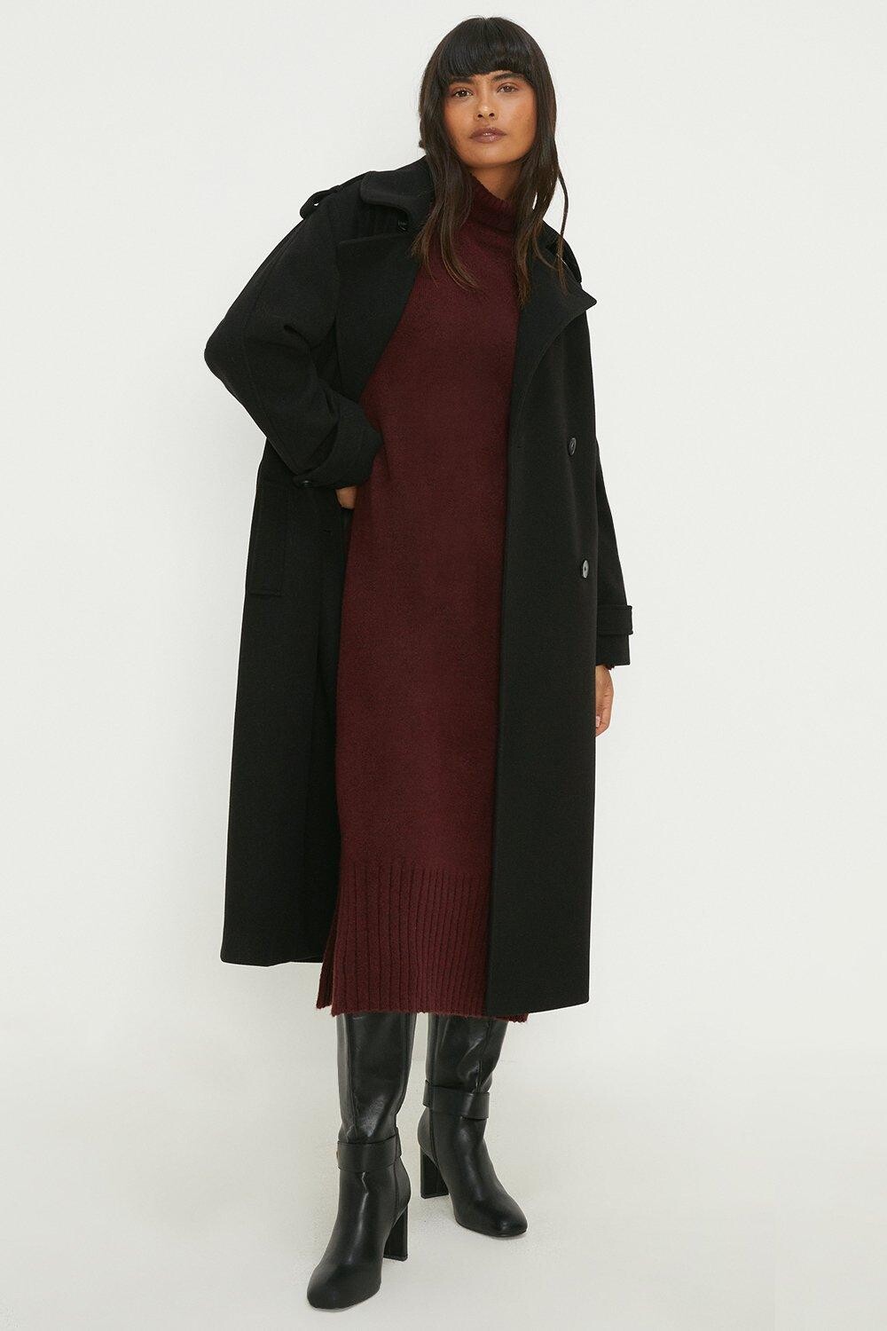 

Шерстяной тренч с поясом Dorothy Perkins, черный
