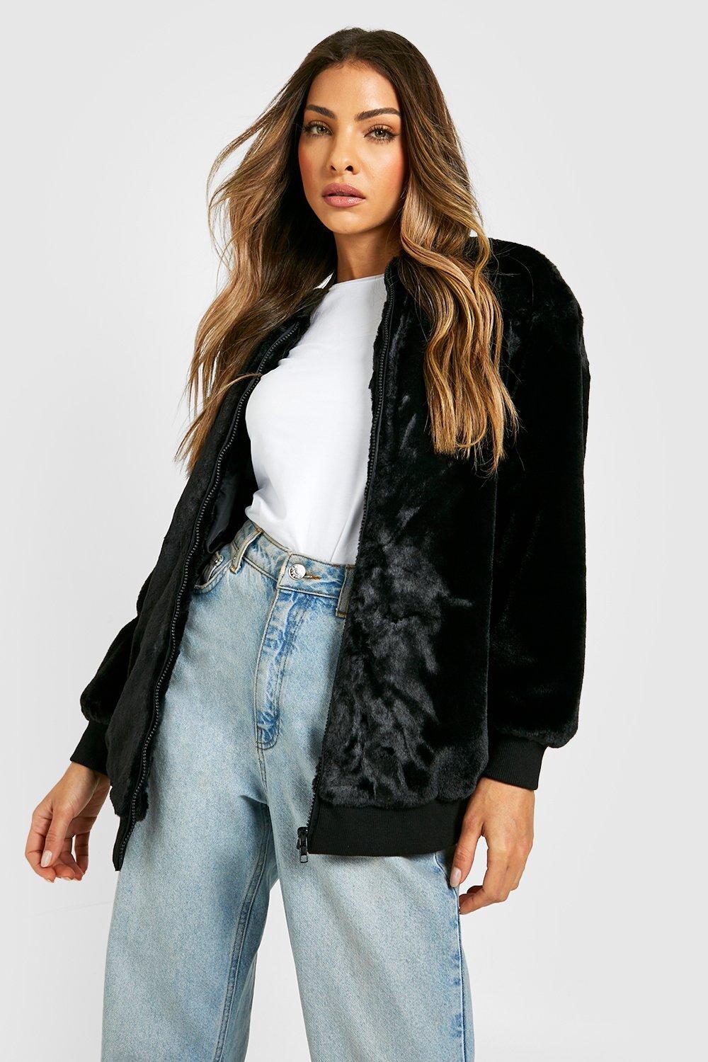 

Куртка-бомбер из искусственного меха Boohoo, черный