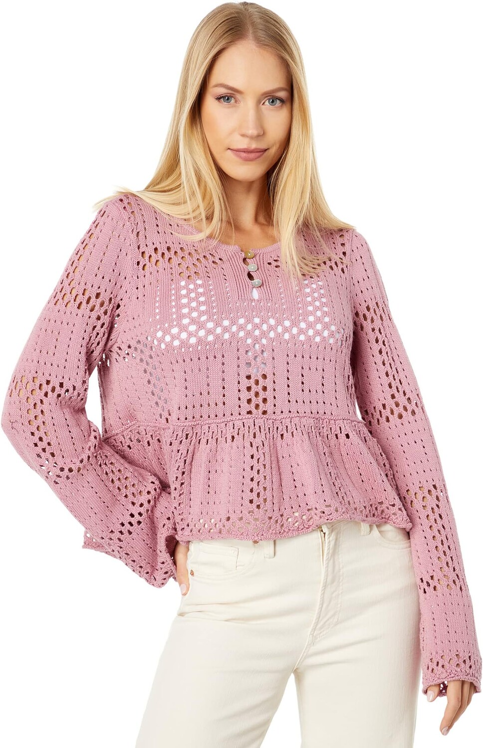 

Свитер с открытой вышивкой и баской с длинными рукавами Lucky Brand, цвет Foxglove