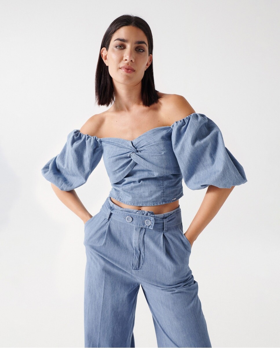 

Женский топ из светлого денима с рукавами-фонариками Salsa Jeans, синий