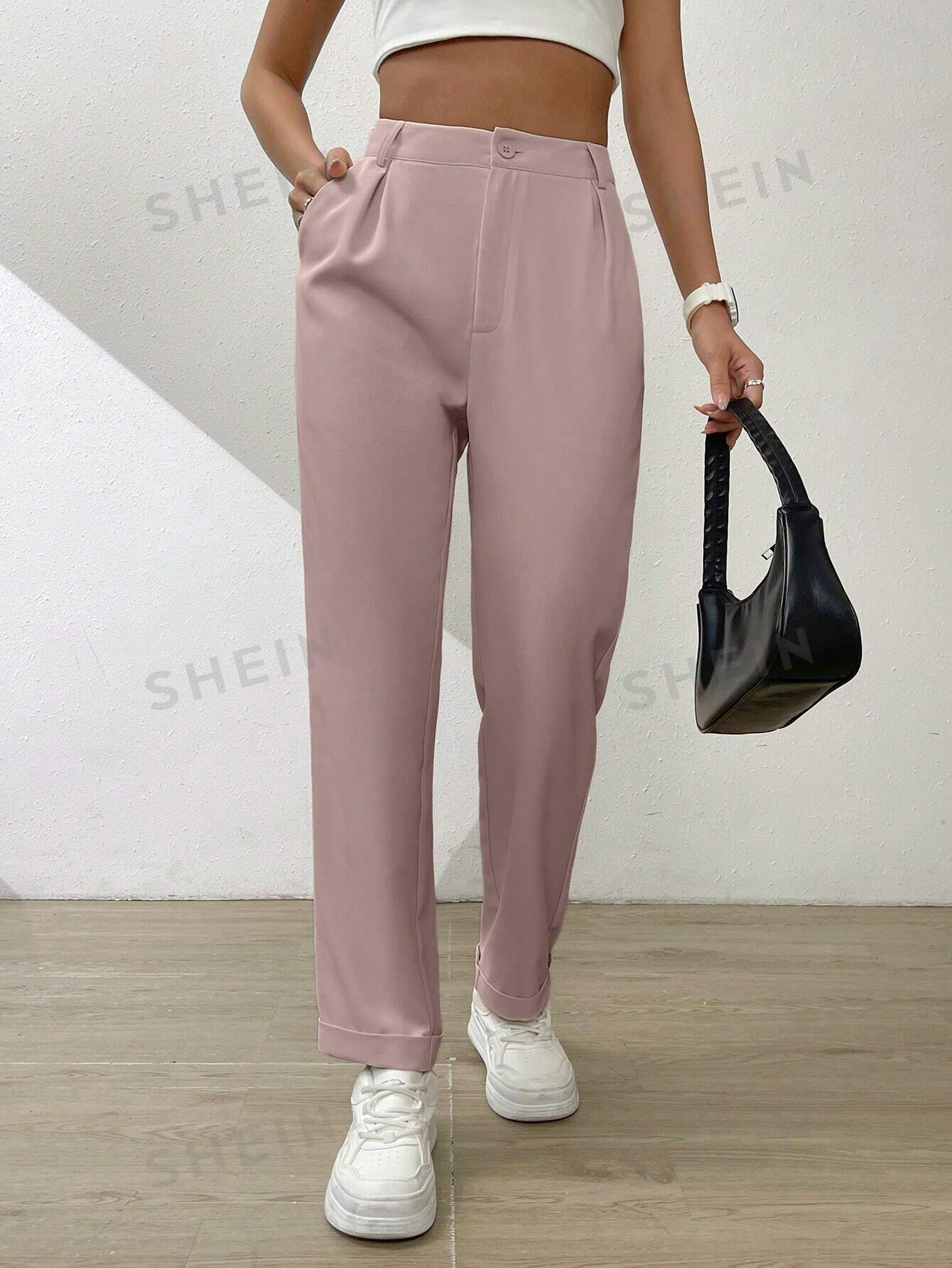 shein essnce однотонные широкие брюки со складками и наклонными карманами коричневый SHEIN Essnce Однотонные широкие брюки со складками и наклонными карманами, пыльный розовый