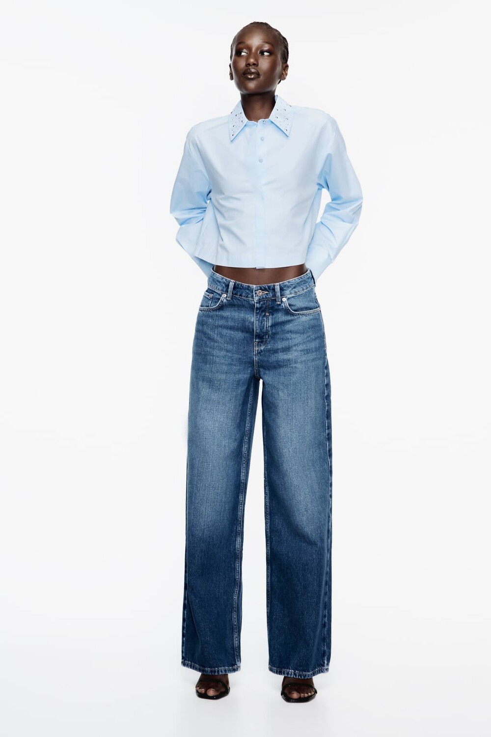 

Укороченная рубашка из поплина с заклепками ZARA, синий