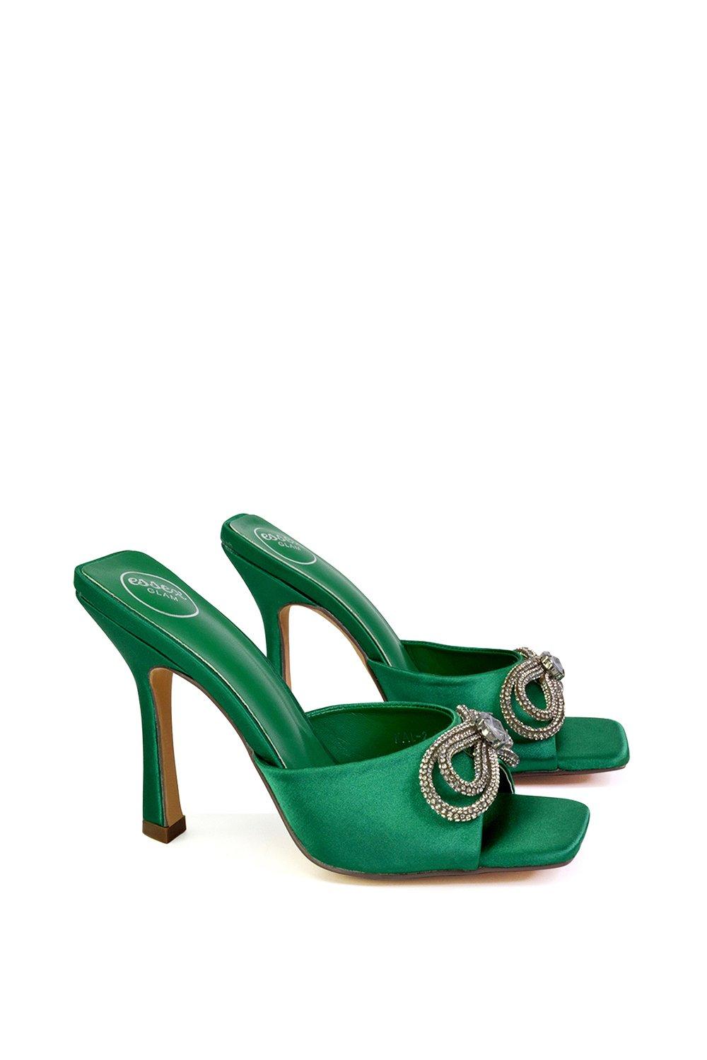 Босоножки-мулы 'Elsa' на квадратном каблуке с бантом и стразами XY London, зеленый фото