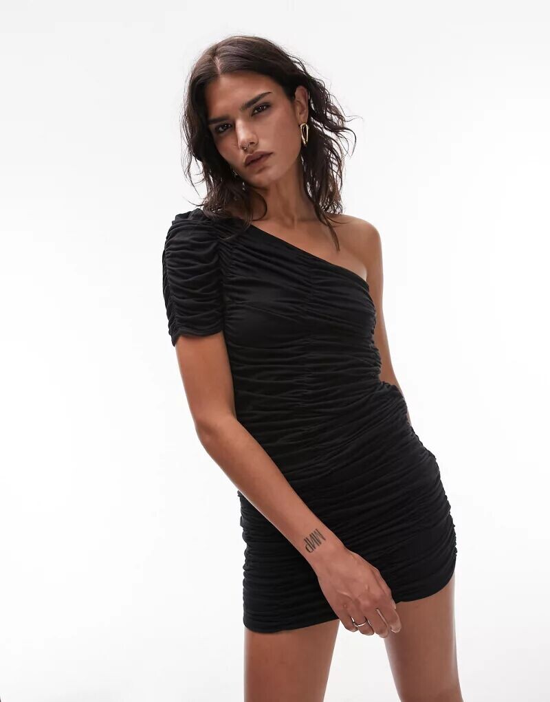 

Черное мини-платье на одно плечо с сетчатой ​​отделкой Topshop