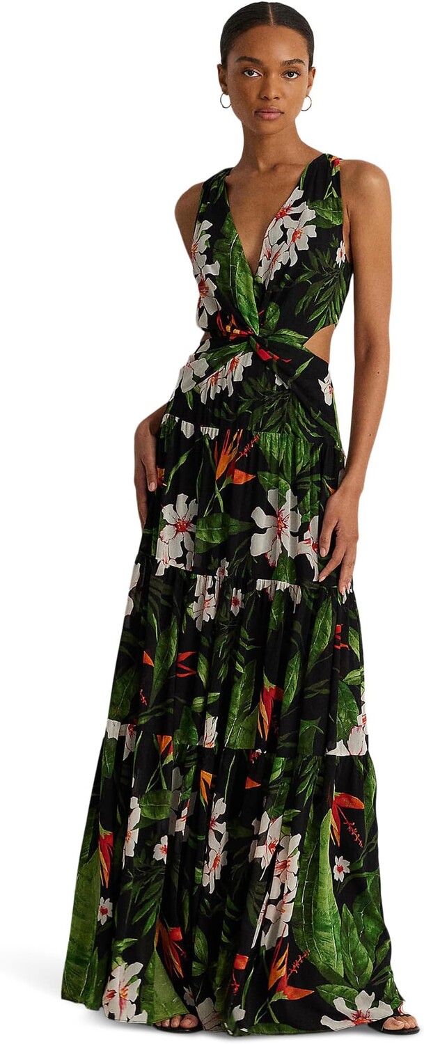 

Многоярусное платье из жоржетта с цветочным принтом LAUREN Ralph Lauren, цвет Black/Green/Multi