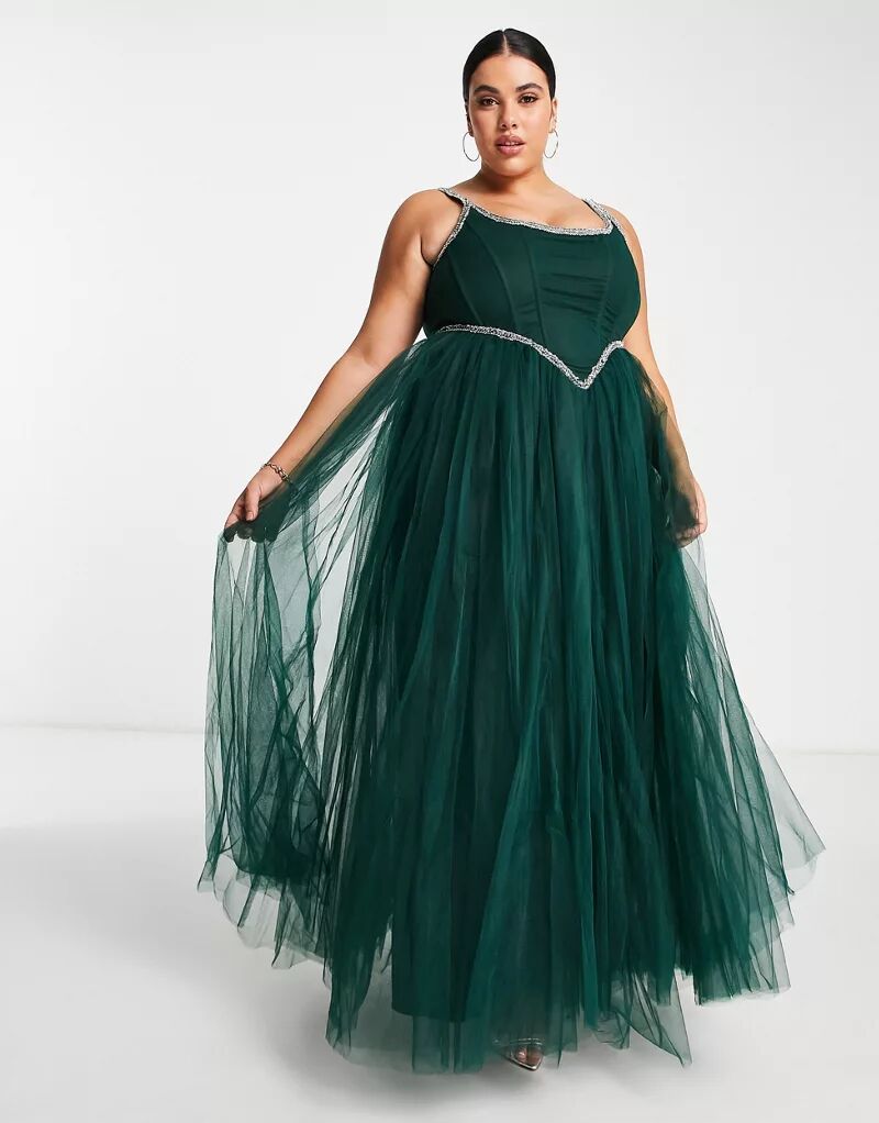 Эксклюзивное корсетное платье макси Lace & Beads Plus изумрудно-зеленого цвета с декоративными деталями
