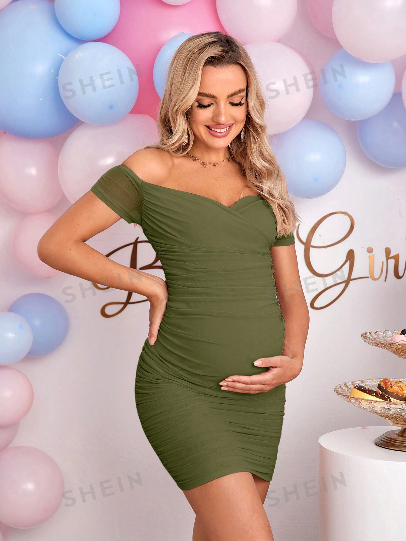 SHEIN Однотонное облегающее модное платье для беременных с открытыми плечами, армейский зеленый цена и фото