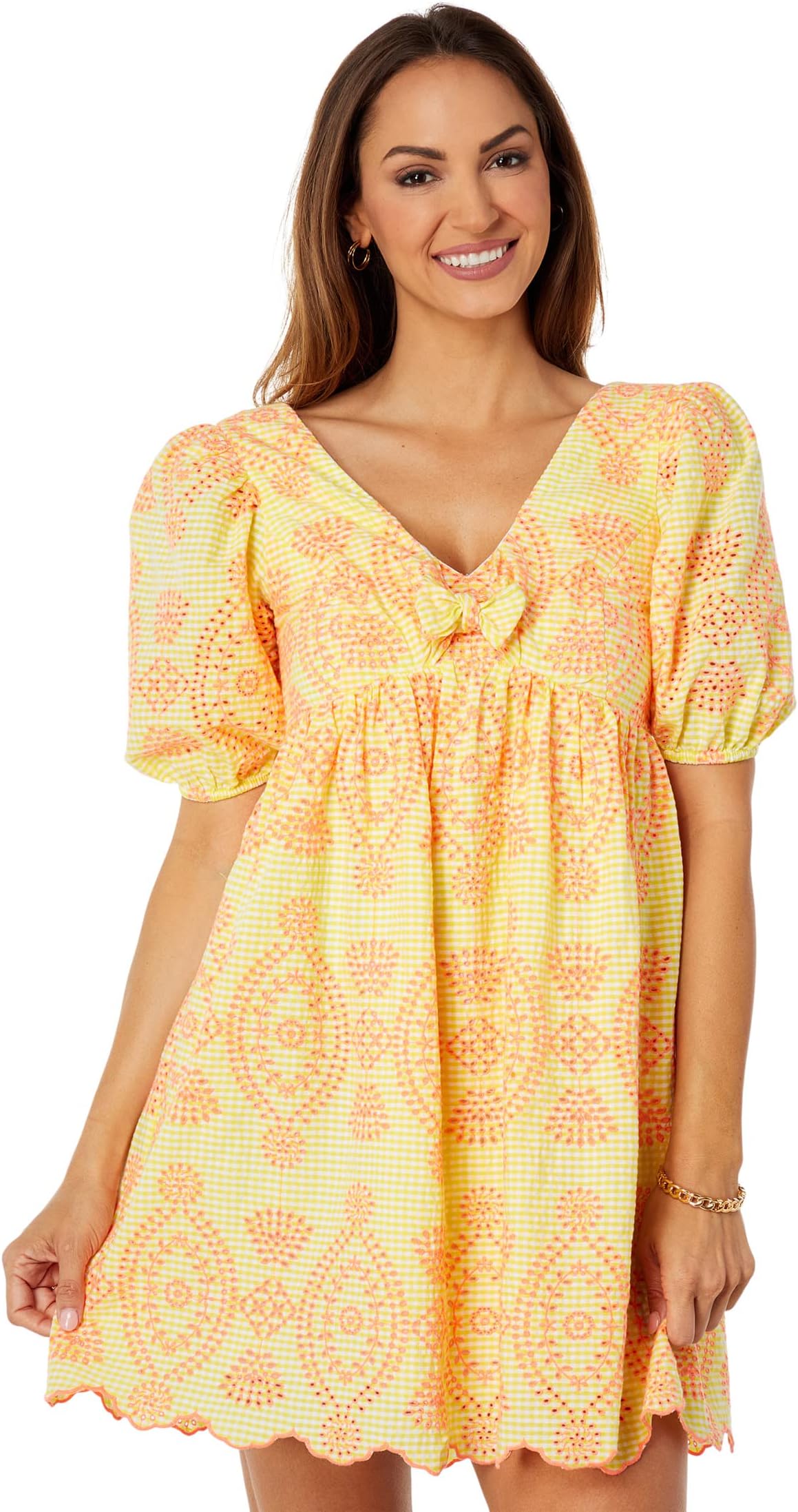 

Платье Sarafina Short Sleeve Eyelet Lilly Pulitzer, цвет Calla Yellow Gingham Seersucker Island Eyelet