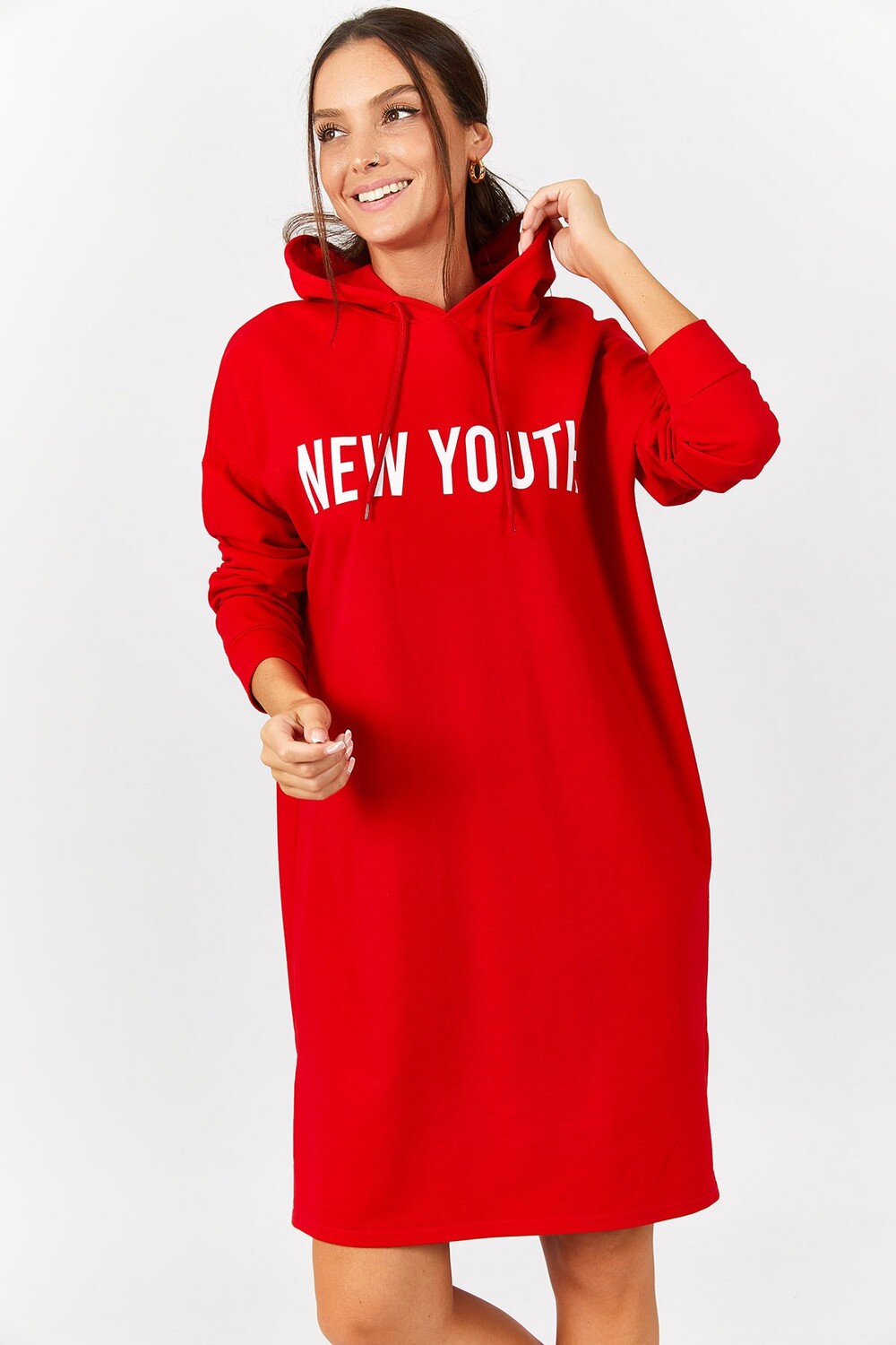 

Новое женское красное молодежное платье оверсайз с капюшоном и надписью спереди armonika, красный