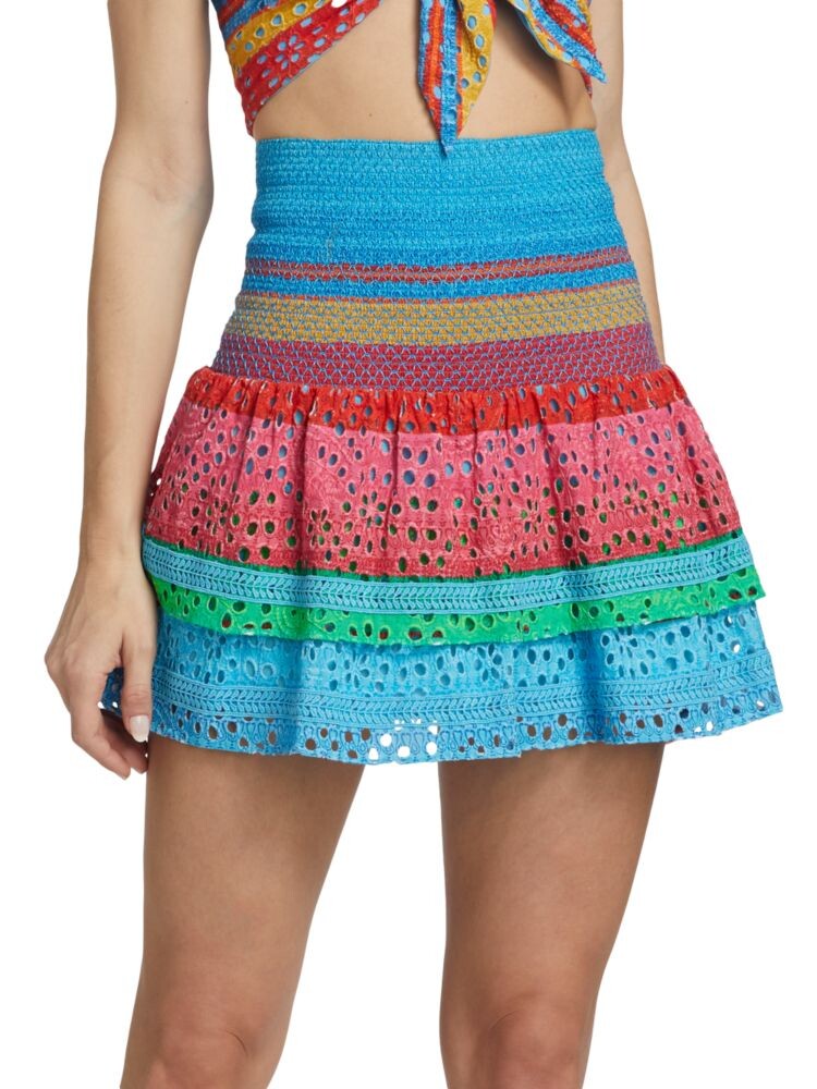 

Многоярусная хлопковая мини-юбка Bethie со сборками Alice + Olivia, цвет Blue Multi