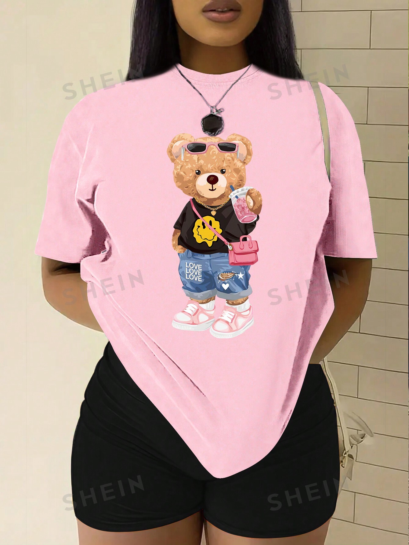 цена Футболка SHEIN Slayr с принтом Тедди и мультяшным рисунком, детский розовый