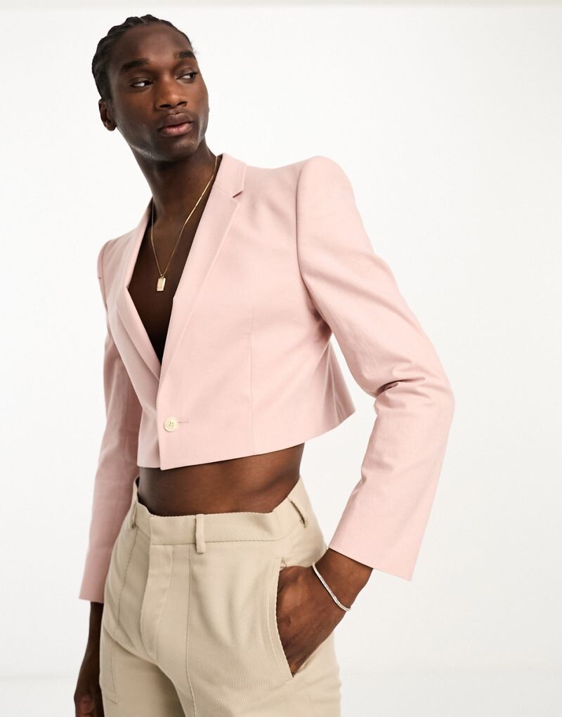

Розовый укороченный льняной блейзер с квадратными плечами ASOS DESIGN