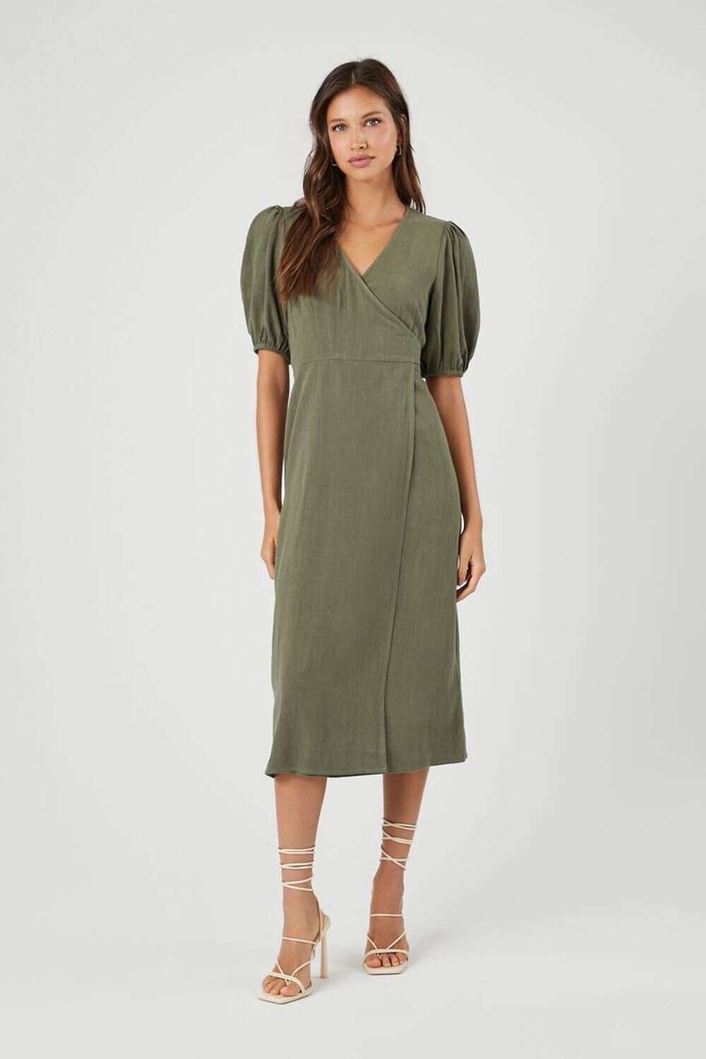 

Платье миди из льна с запахом Forever 21, оливковый