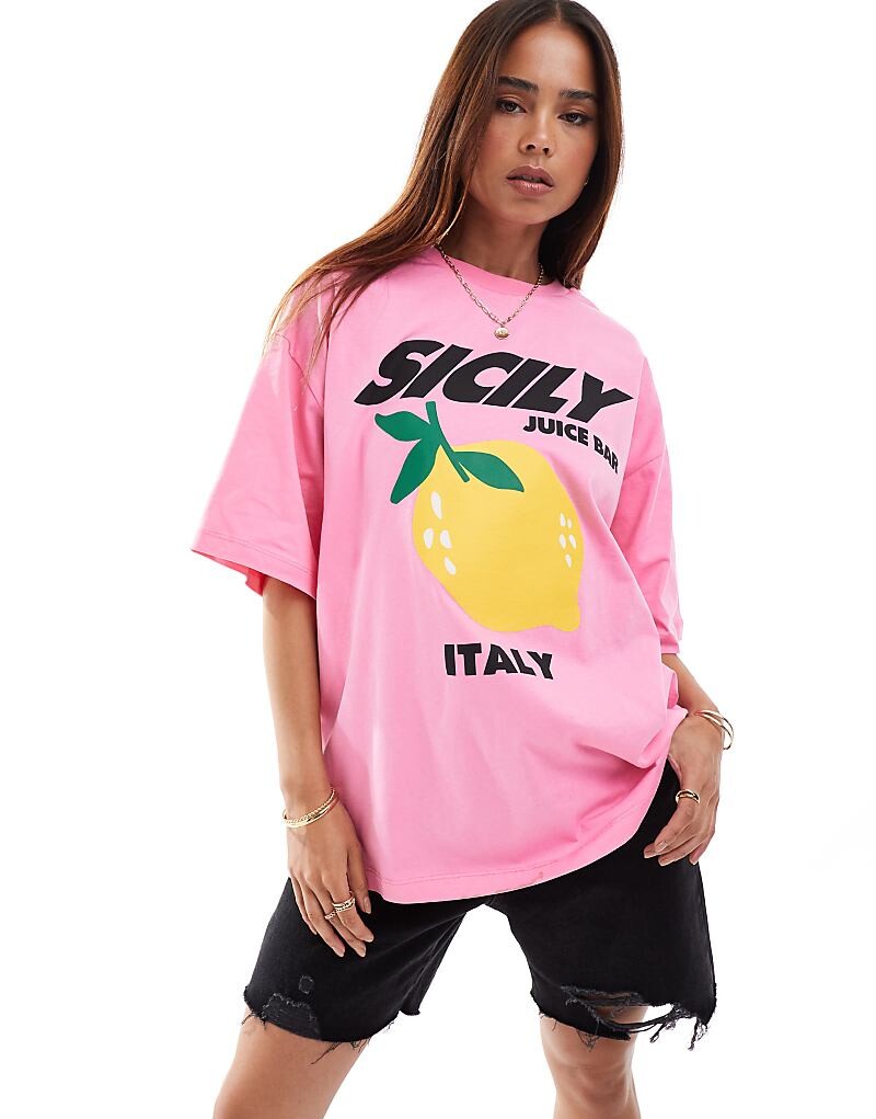 

Розовая оверсайз-футболка с лимонным рисунком ASOS DESIGN
