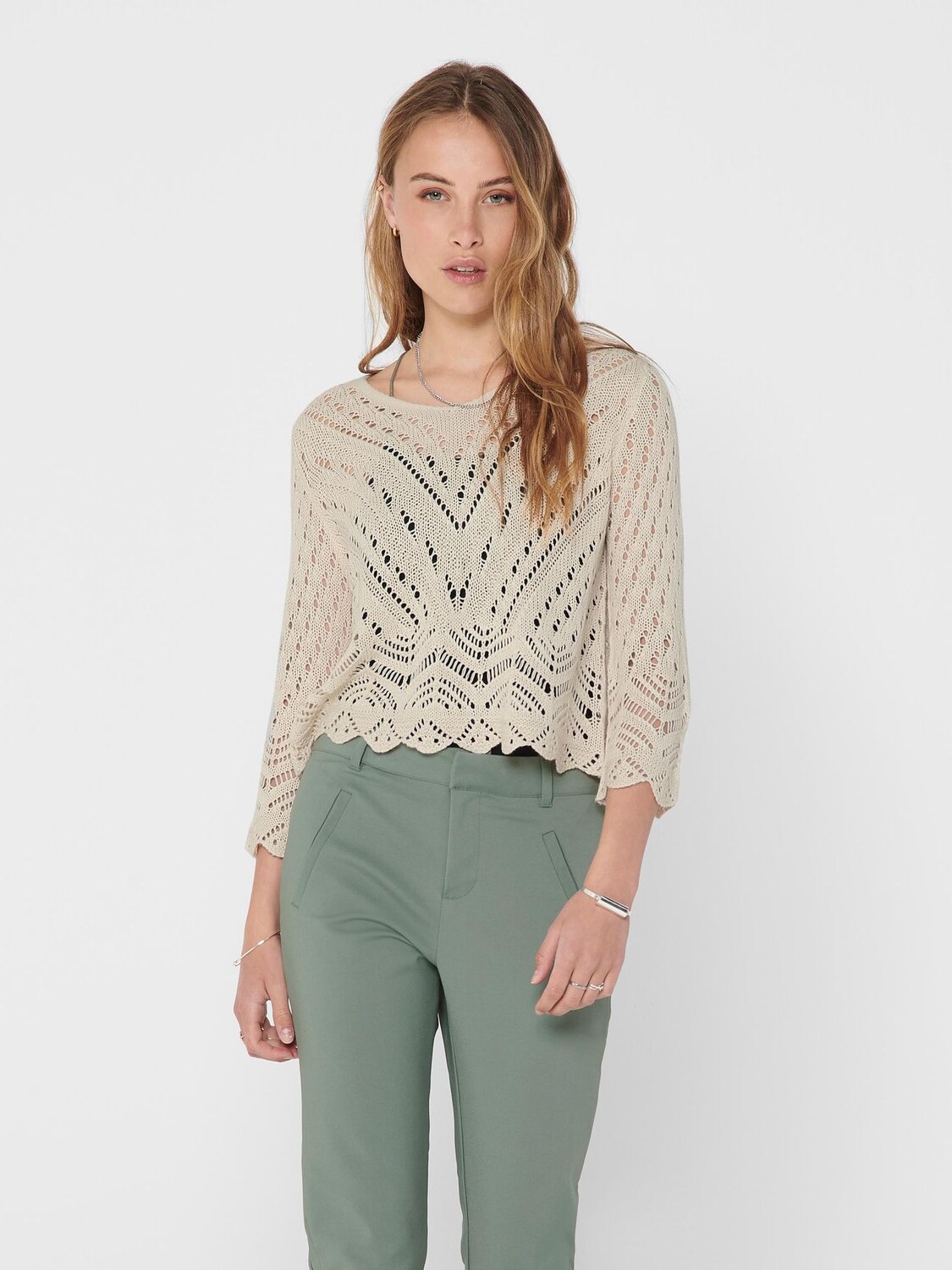

Свитер JACQUELINE de YONG Cropped 3/4 Arm Strick Spitzen Struktur JDYNEW, бежевый