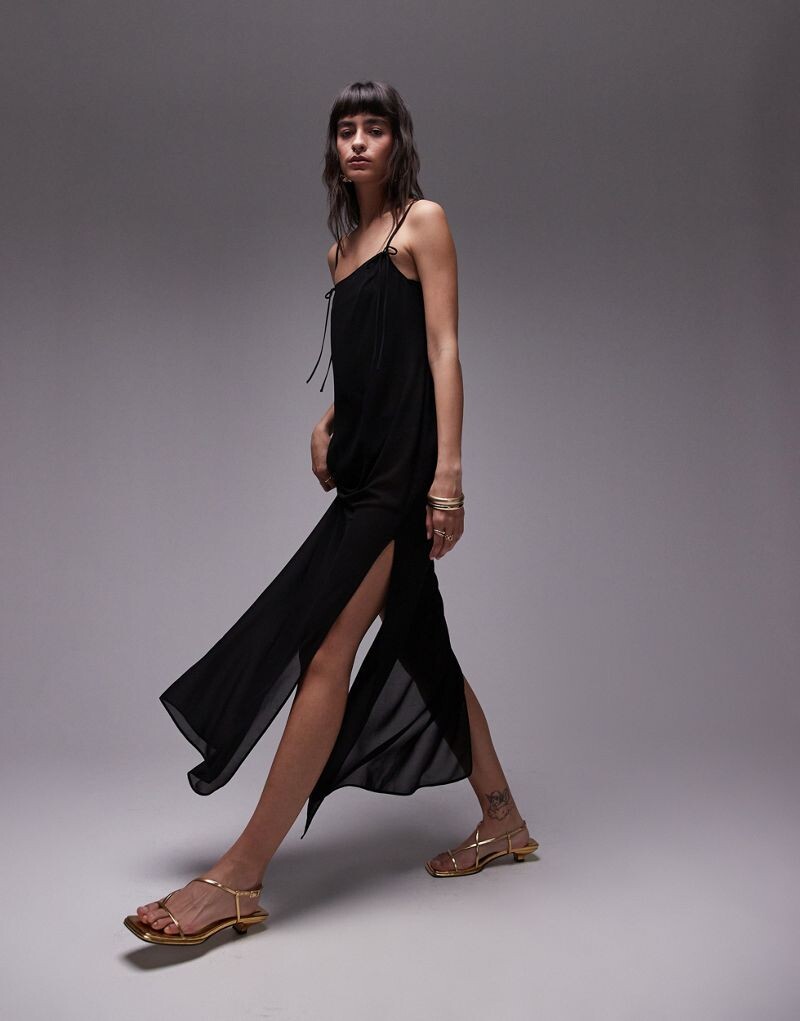 Черное платье миди из прозрачной ткани с бантом Topshop