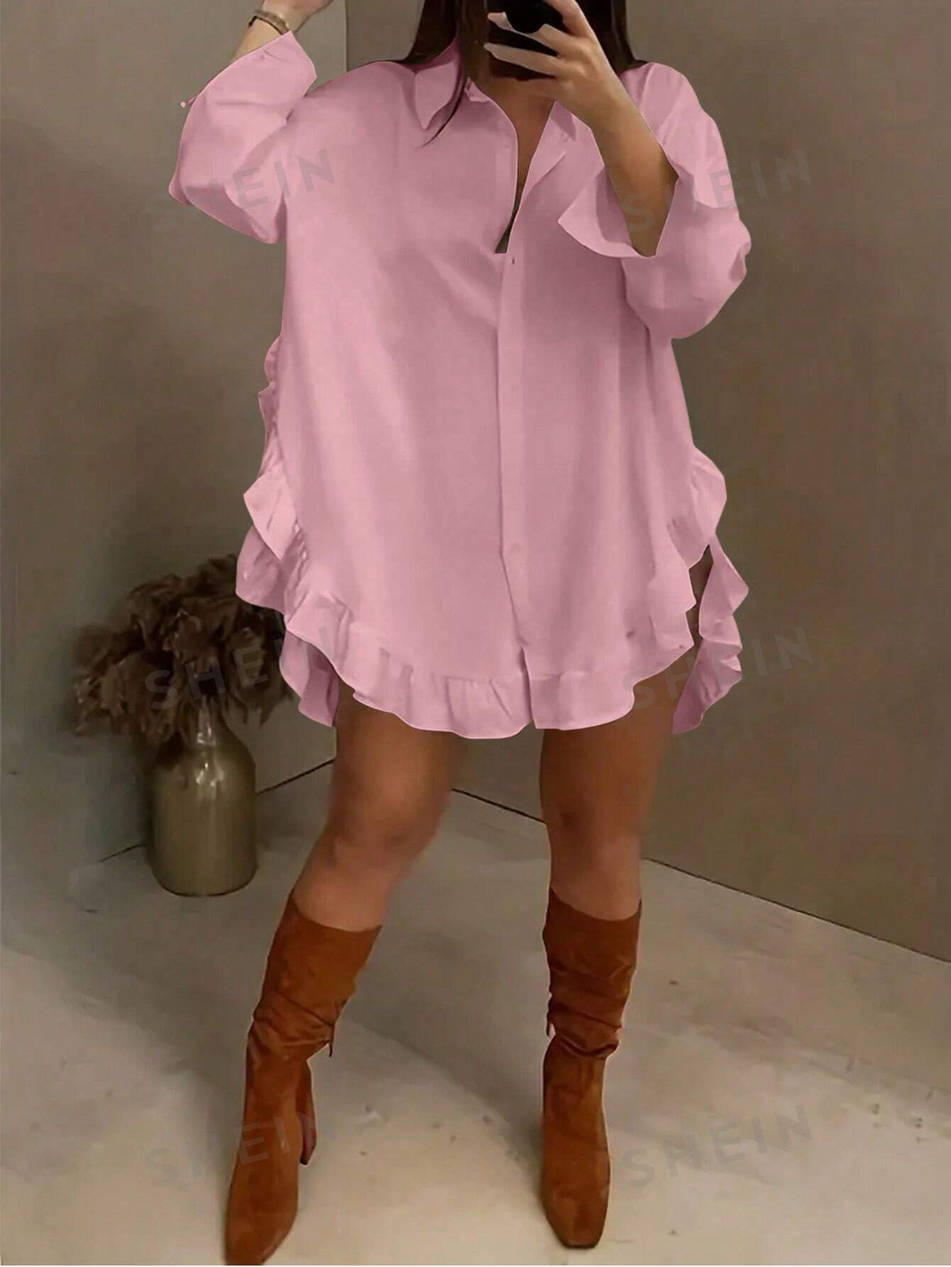 цена SHEIN Privé женская однотонная рубашка с отложным воротником и рюшами на подоле, пыльный розовый