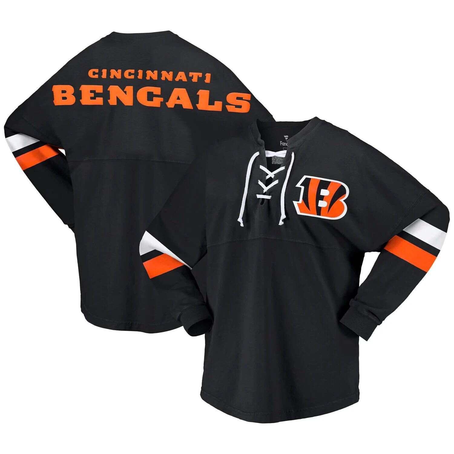 

Женская черная фирменная футболка Fanatics Cincinnati Bengals Spirit из джерси на шнуровке с v-образным вырезом и длинными рукавами Fanatics, Черный