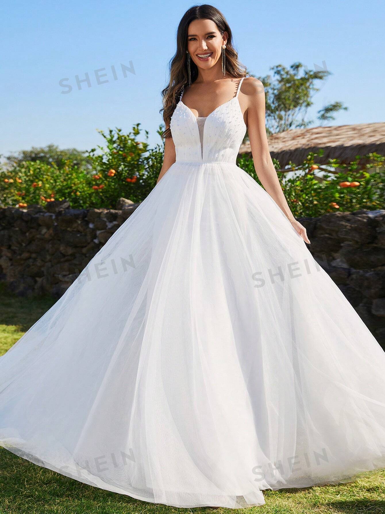 цена EVER-PRETTY Контрастное свадебное платье из сетки с жемчугом и бисером на бретельках-спагетти, белый