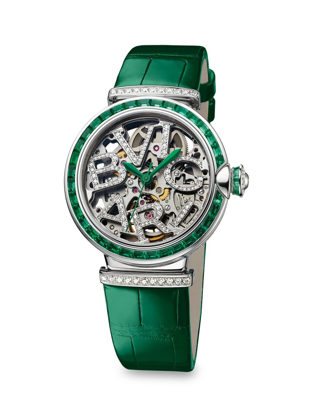 

Часы-скелетоны LVCEA из белого золота 18 карат с изумрудом, бриллиантами и ремешком из кожи аллигатора BVLGARI