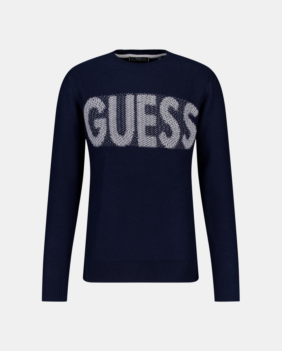 Мужской свитер с круглым вырезом и контрастным логотипом Guess, индиго