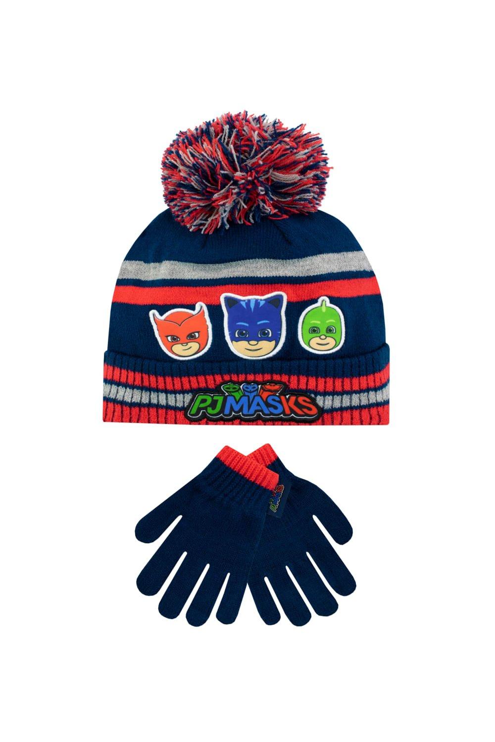 Детский комплект шапки и перчаток PJ Masks, синий чёрная шапка с пёстрым помпоном sevenext