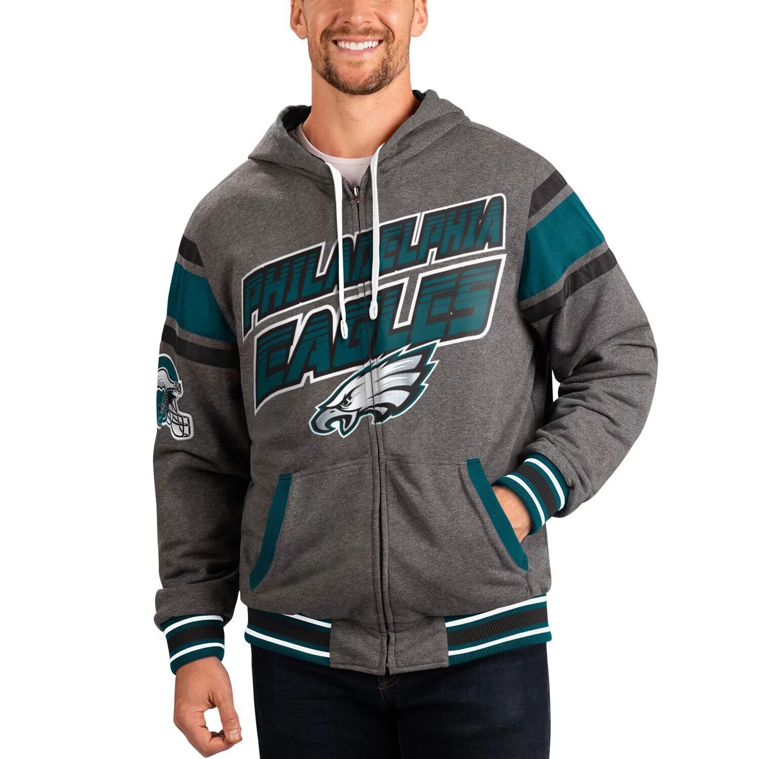 

Мужская спортивная куртка Carl Banks Midnight Green/Gray Philadelphia Eagles Extreme с двусторонней толстовкой и молнией во всю спину G-III
