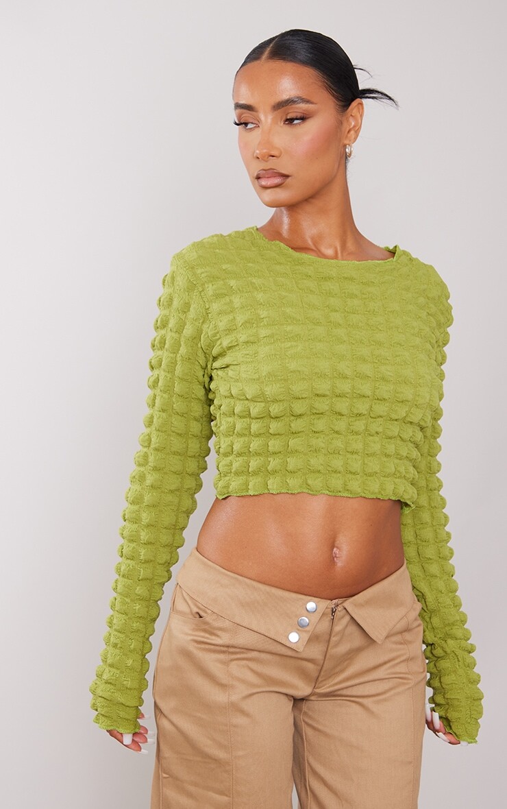 

PrettyLittleThing Зеленый укороченный топ с длинными рукавами и фактурной текстурой Bubble