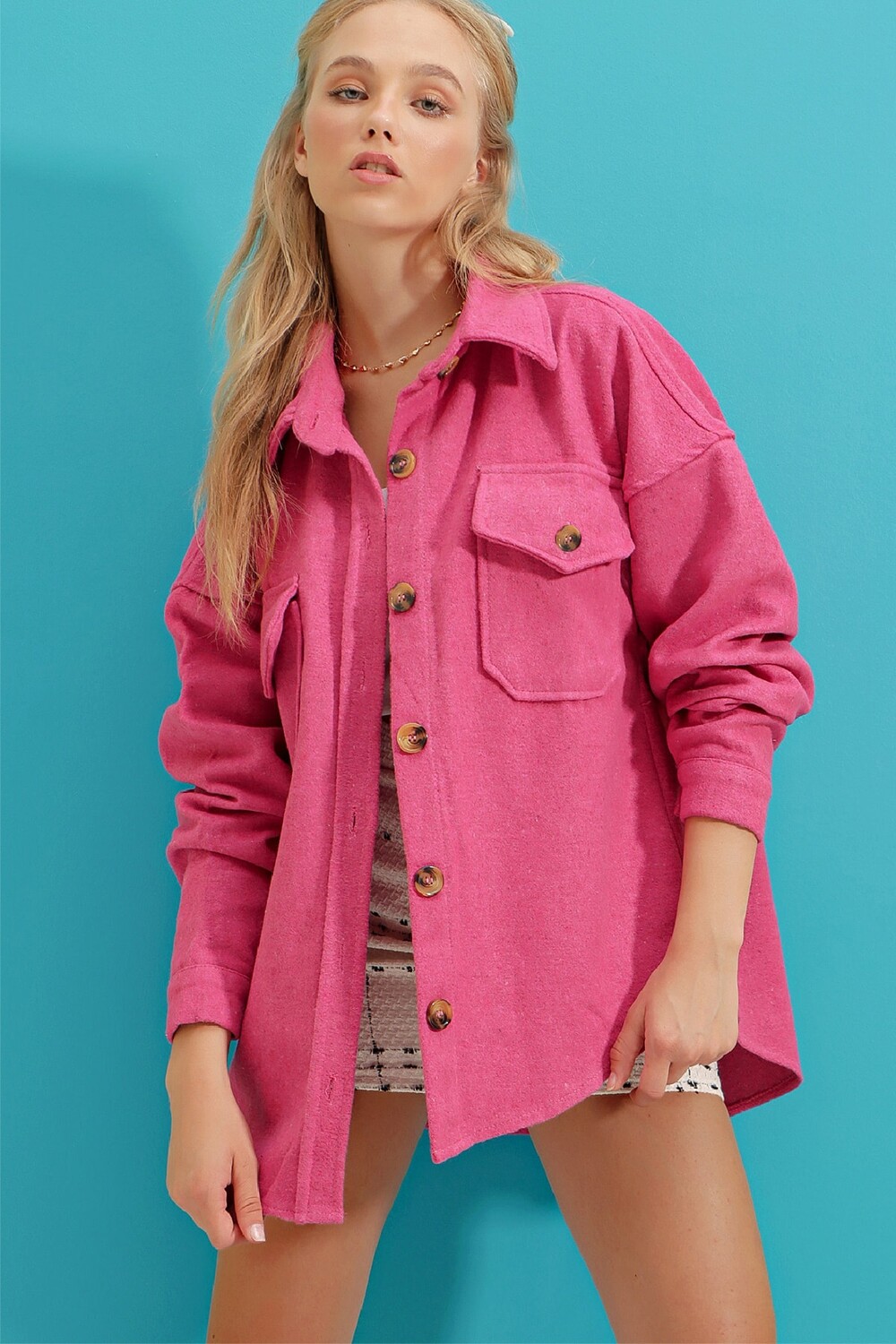 

Рубашка - Розовая - Oversize Trend Alaçatı Stili, розовый