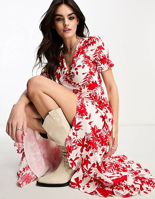 цена Красное льняное платье миди с запахом и цветочным принтом & Other Stories