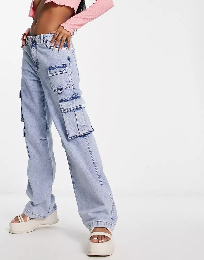 Широкие джинсы карго Pull&Bear синего цвета с карманами широкие джинсы карго pull