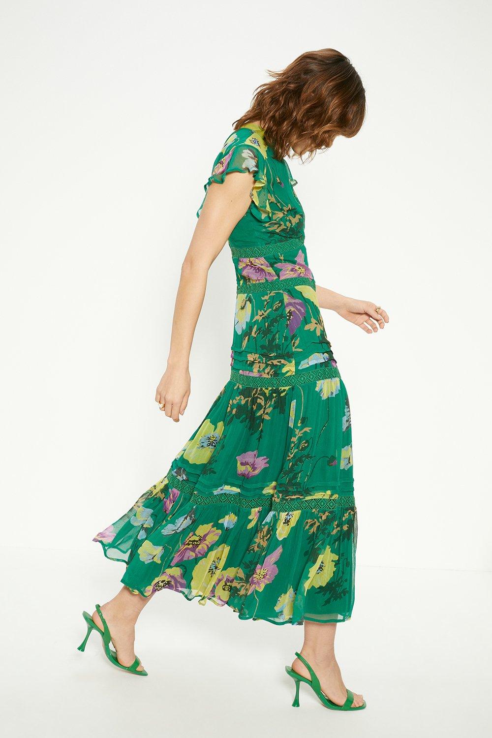 Шифоновое платье миди с кружевной отделкой и высоким воротником с цветочным принтом Oasis, зеленый