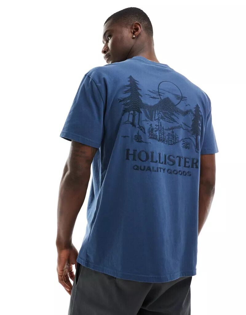 

Синяя футболка свободного кроя Hollister с вышитым принтом на спине